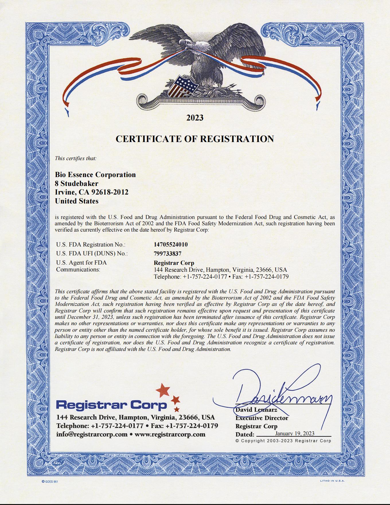 Bio Essence certificate of FDA registration