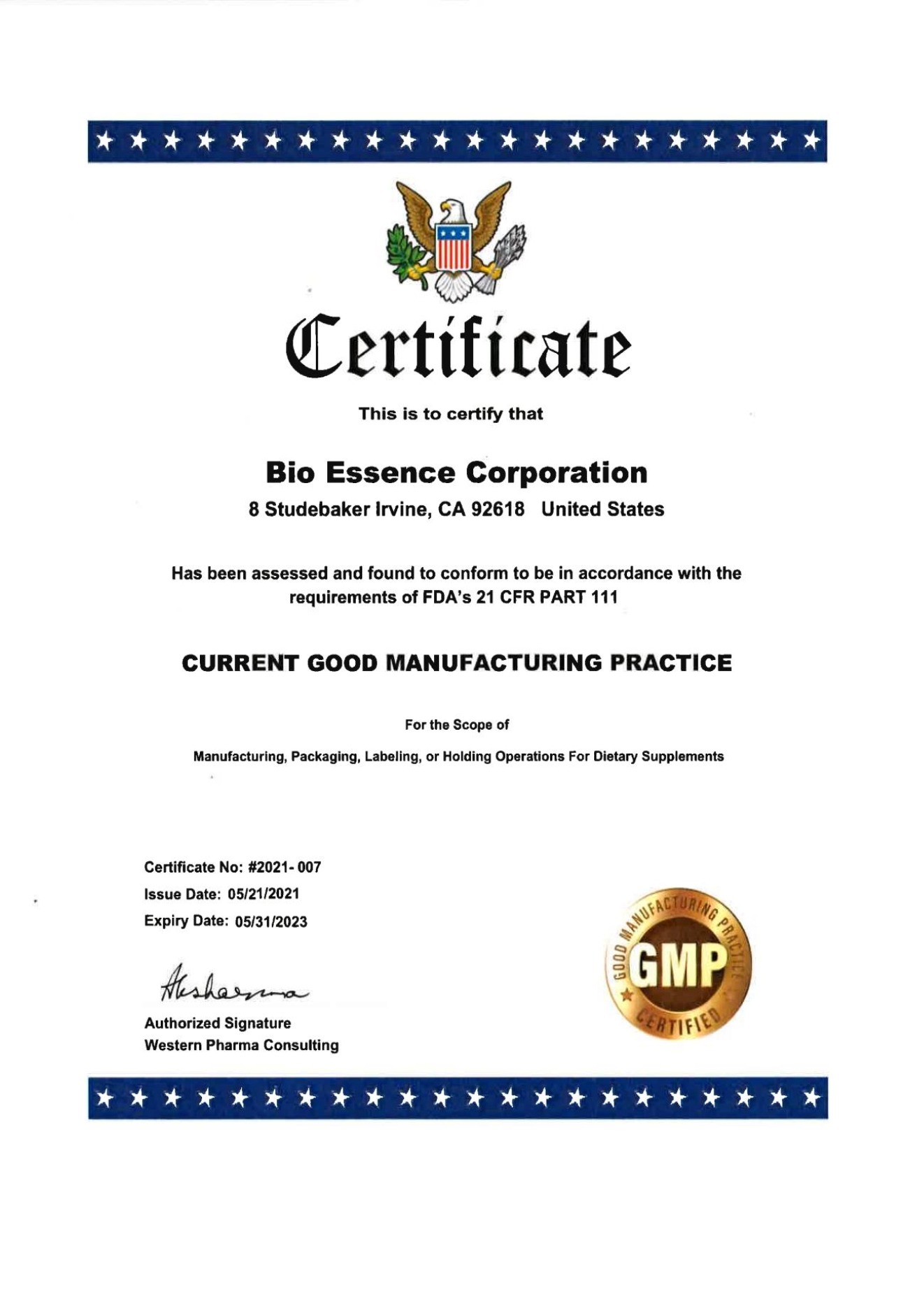 Bio Essence GMP Certificate